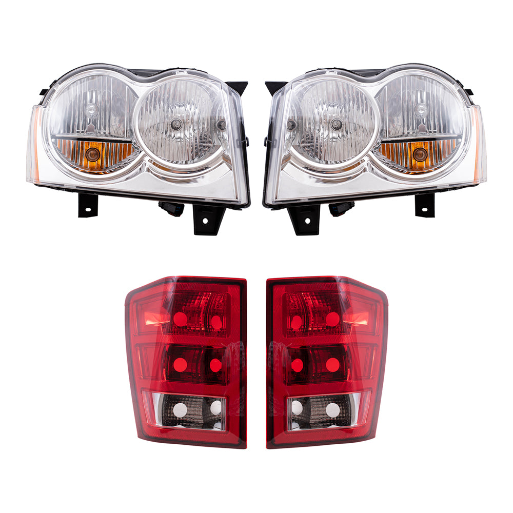 Brock Replacement Driver and Passenger Side Halogen Combination Headlight Assemblies & Tail Light Units 4 Piece Set Compatible with 2005-2006 Grand Cherokee