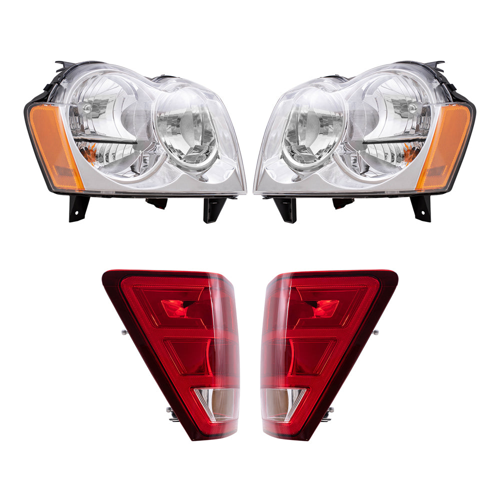 Brock Replacement Driver and Passenger Side Halogen Combination Headlight Assemblies & Tail Light Units 4 Piece Set Compatible with 2005-2006 Grand Cherokee