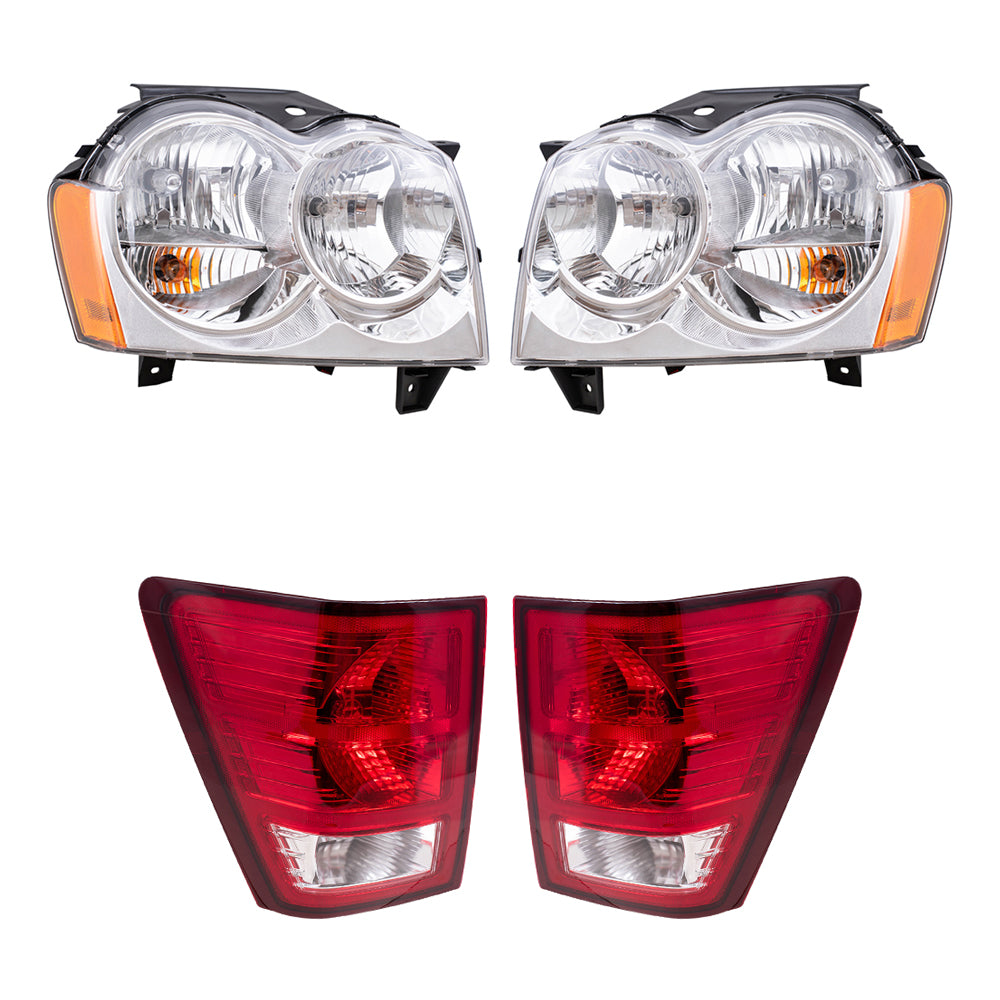 Brock Replacement Driver and Passenger Side Halogen Combination Headlight Assemblies and Tail Light Assemblies 4 Piece Set Compatible with 2007 Grand Cherokee