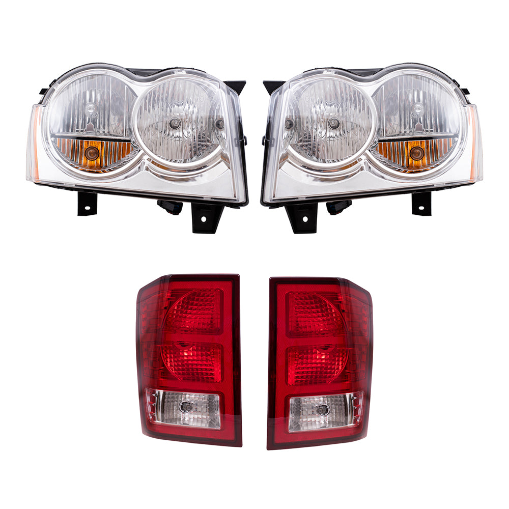 Brock Replacement Driver and Passenger Side Halogen Combination Headlight Assemblies and Tail Light Assemblies 4 Piece Set Compatible with 2007 Grand Cherokee