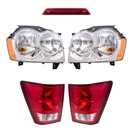 Brock Replacement Driver and Passenger Side Halogen Combination Headlight Assemblies & Tail Light Assemblies, and 3rd Brake Light 5 Piece Set Compatible with 2007 Grand Cherokee