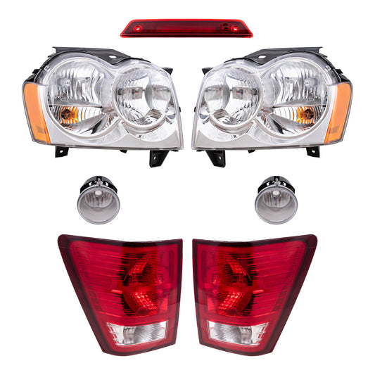 Brock Replacement Driver and Passenger Side Halogen Combination Headlights, Fog Lights & Tail Lights, and 3rd Brake Light 7 Piece Set Compatible with 2007 Grand Cherokee