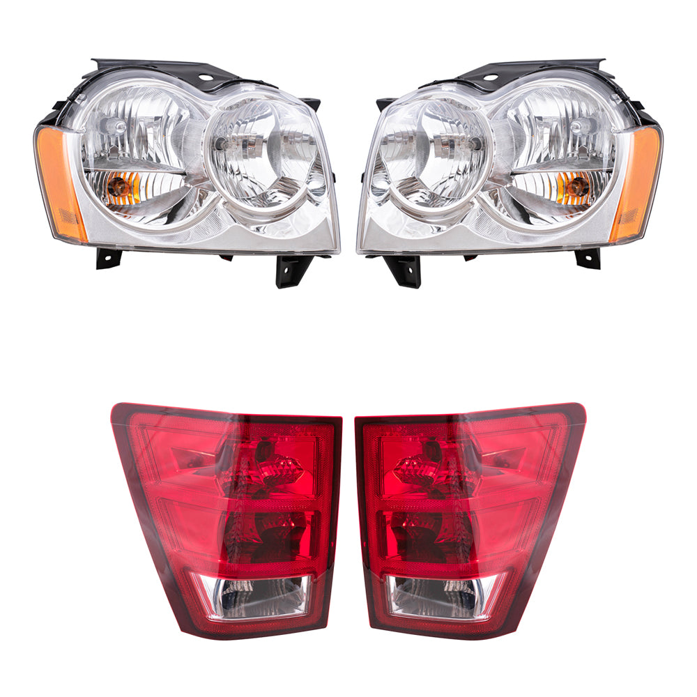 Brock Replacement Driver and Passenger Side Halogen Combination Headlight Assemblies and Tail Light Assemblies 4 Piece Set Compatible with 2005-2006 Grand Cherokee