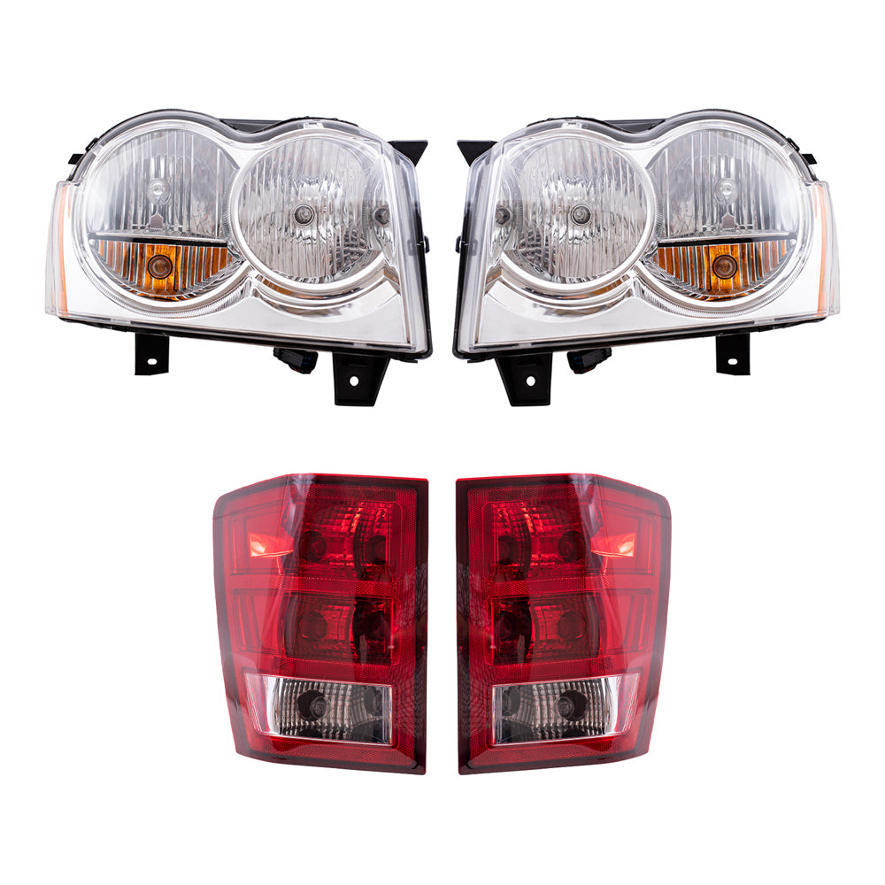 Brock Replacement Driver and Passenger Side Halogen Combination Headlight Assemblies and Tail Light Assemblies 4 Piece Set Compatible with 2005-2006 Grand Cherokee