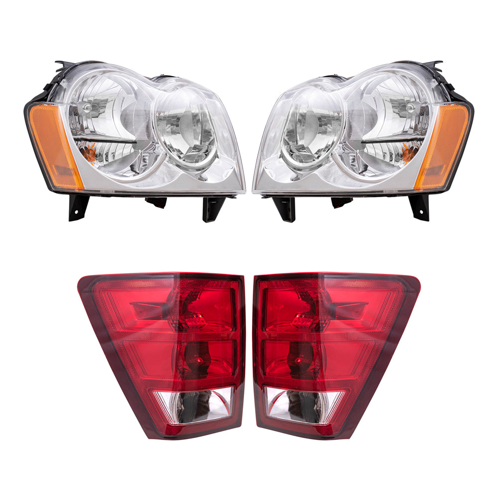 Brock Replacement Driver and Passenger Side Halogen Combination Headlight Assemblies and Tail Light Assemblies 4 Piece Set Compatible with 2005-2006 Grand Cherokee