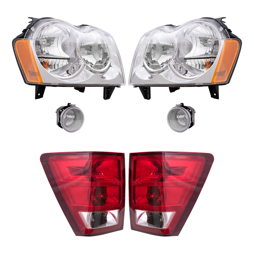 Brock Replacement Driver and Passenger Side Halogen Combination Headlights, Fog Lights and Tail Lights 6 Piece Set Compatible with 2005-2006 Jeep Grand Cherokee