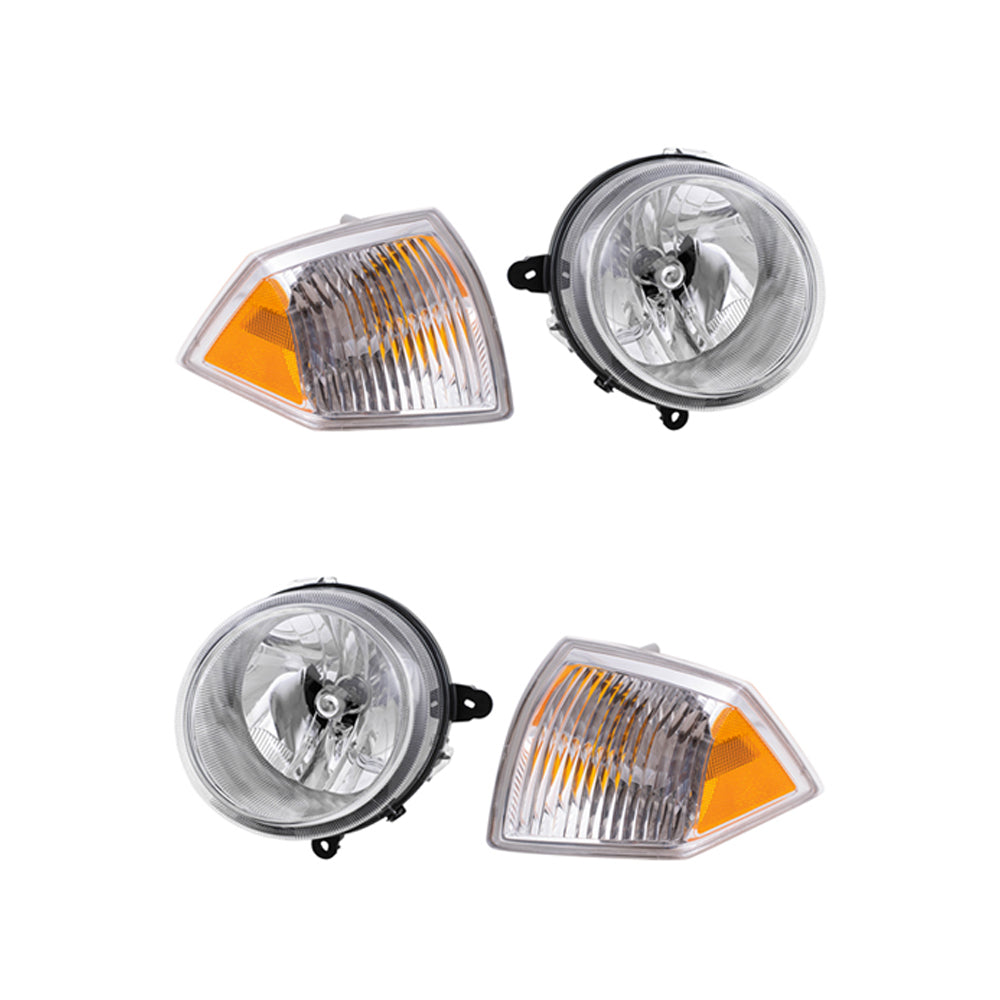 Brock Replacement Driver and Passenger Side Halogen Headlight Assemblies without Leveling and Park Signal Marker Lights 4 Piece Set Compatible with 2007-2010 Compass