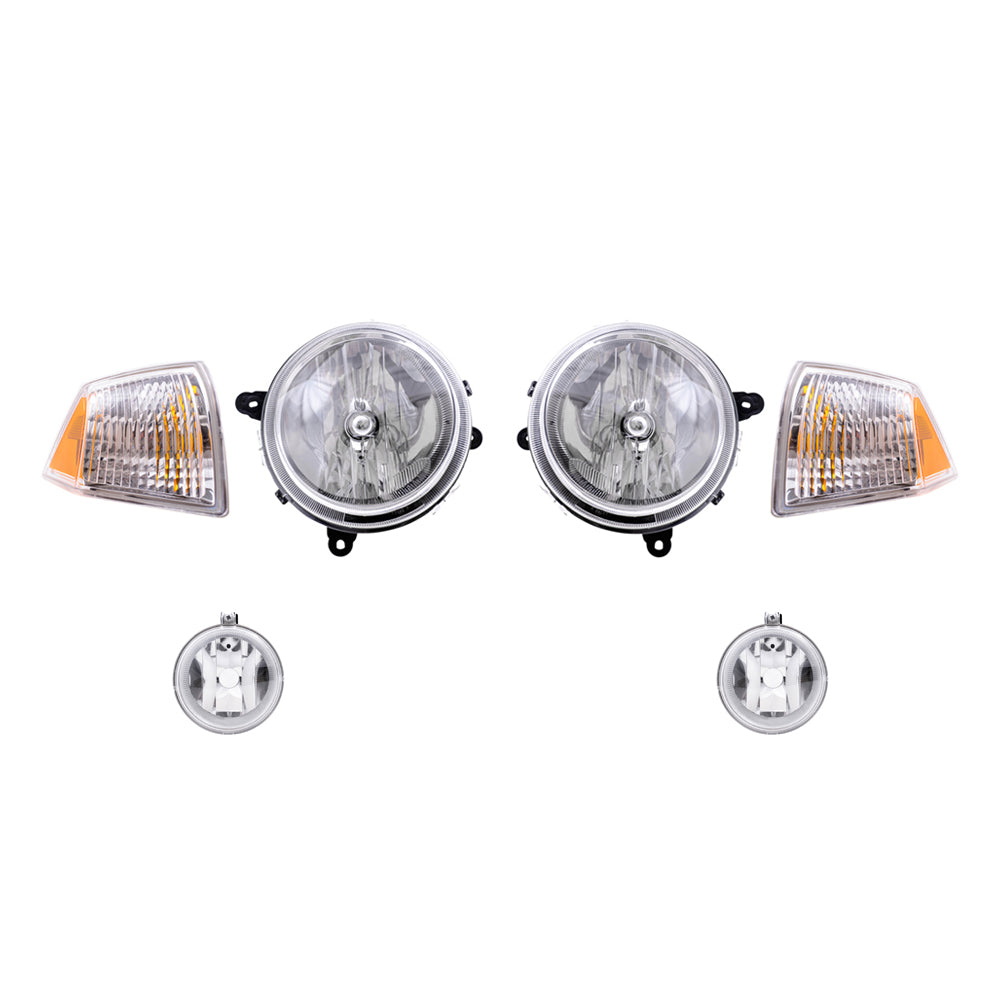 Brock Replacement Driver and Passenger Side Halogen Headlight Assemblies without Leveling and Park Signal Marker Lights 4 Piece Set Compatible with 2007-2010 Compass