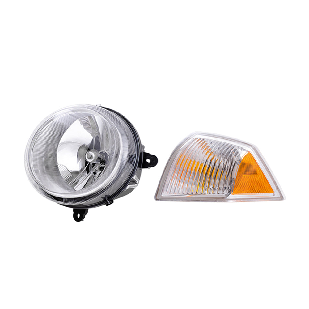 Brock Replacement Driver and Passenger Side Halogen Headlight Assemblies without Leveling and Park Signal Marker Lights 4 Piece Set Compatible with 2007-2010 Compass