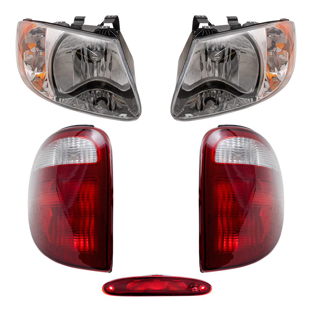 Brock Replacement Headlights and Tail Lights with 3rd Brake Lamp Compatible with 2001 2002 2003 Caravan Town & Country Voyager