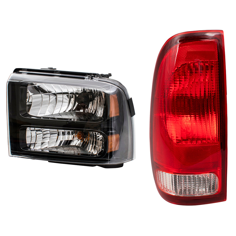 Brock Replacement Headlights with Black Bezels & Tail Lights Compatible with 2005 2006 2007 F-Series Super Duty Pickup Truck