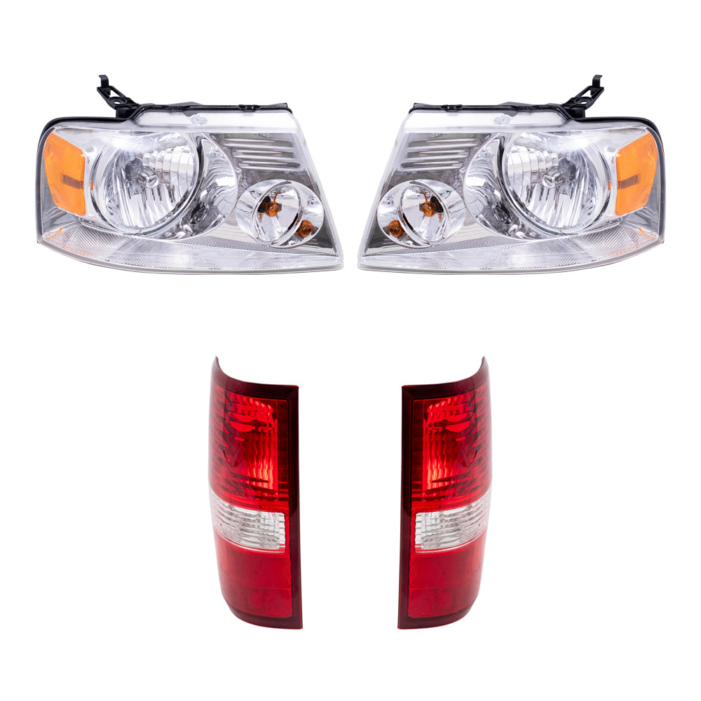 Brock Aftermarket Replacement Driver Left Passenger Right Halogen Combination Headlight Assemblies with Chrome Bezel and Styleside Tail Light Units 4 Piece Set Compatible with 2004-2008 Ford F-150