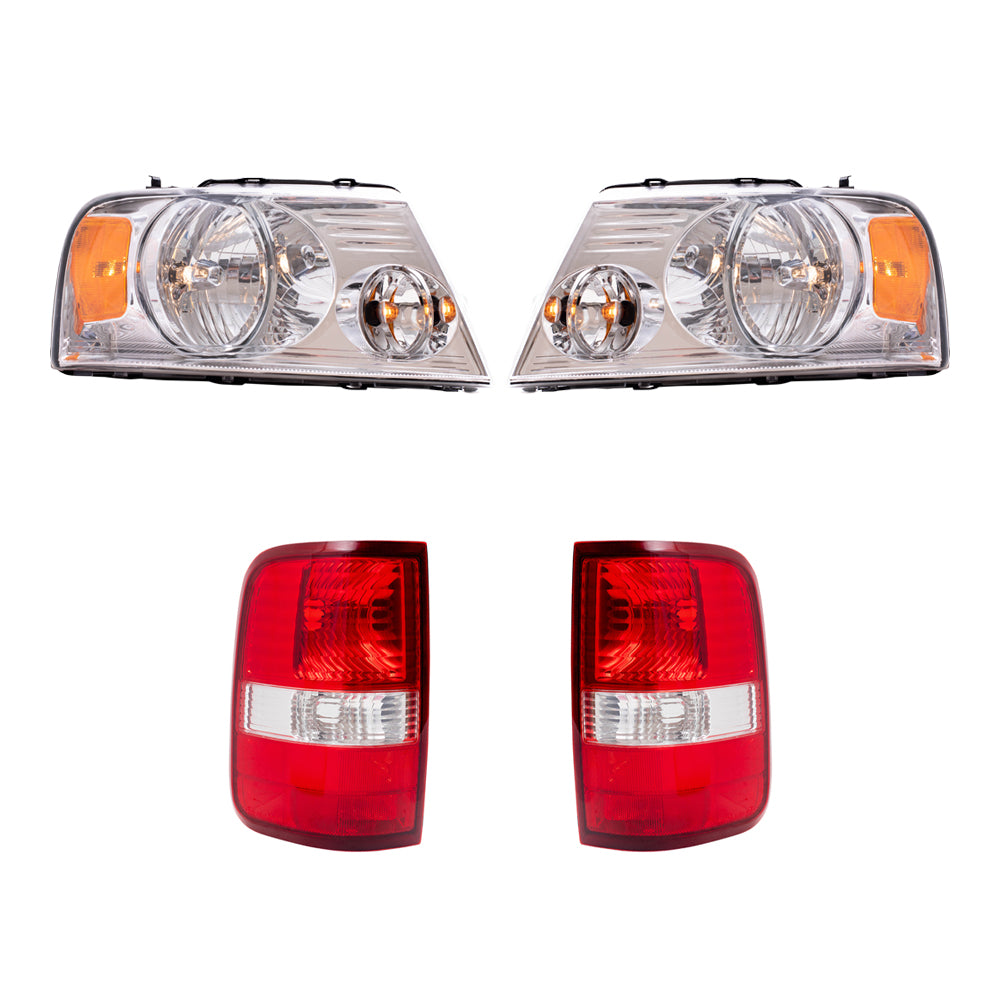 Brock Aftermarket Replacement Driver Left Passenger Right Halogen Combination Headlight Assemblies with Chrome Bezel and Styleside Tail Light Units 4 Piece Set Compatible with 2004-2008 Ford F-150