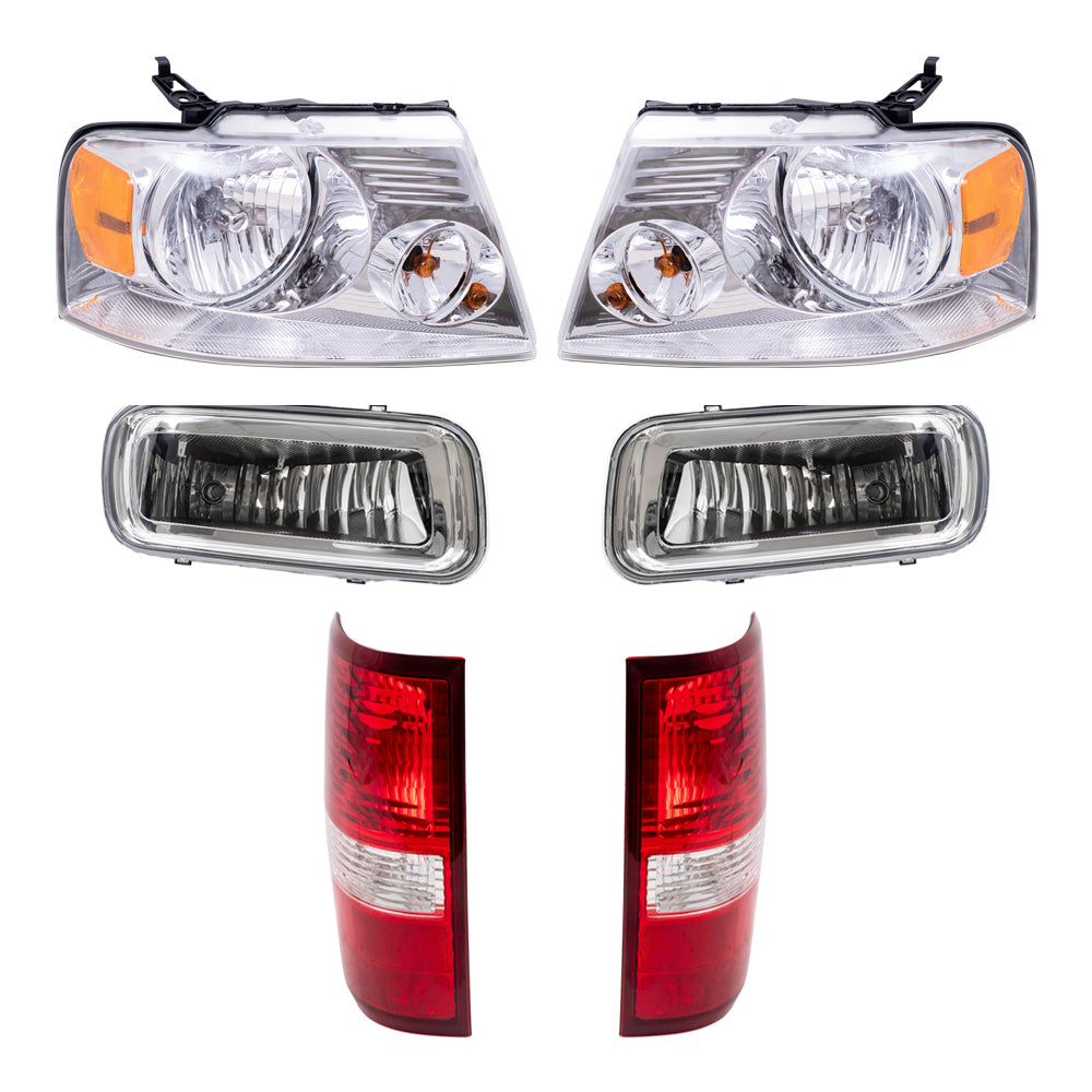 Brock Aftermarket Replacement Driver Left Passenger Right Halogen Combination Headlights with Chrome Bezel-Rectangular Fog Lights & Tail Lights 6 Piece Set Compatible with 2004-2006 Ford F-150