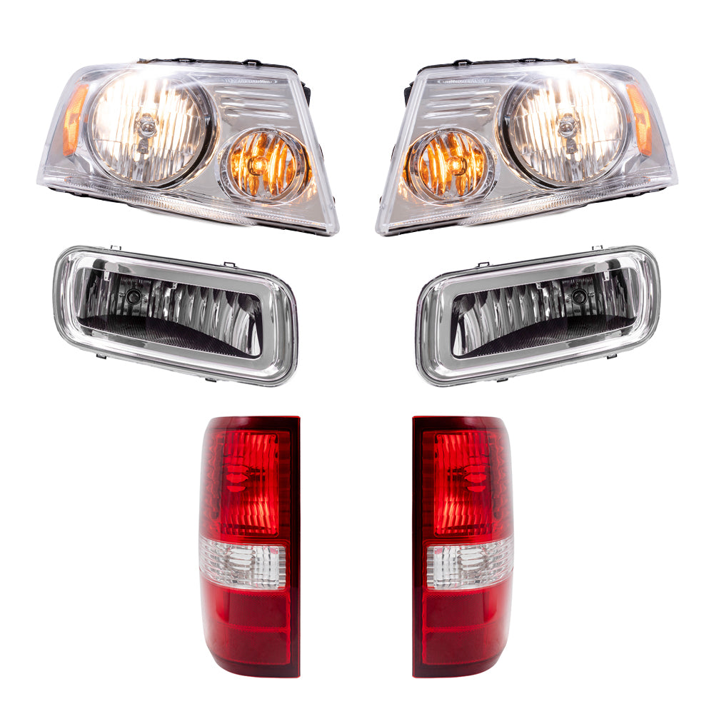 Brock Aftermarket Replacement Driver Left Passenger Right Halogen Combination Headlights with Chrome Bezel-Rectangular Fog Lights & Tail Lights 6 Piece Set Compatible with 2004-2006 Ford F-150