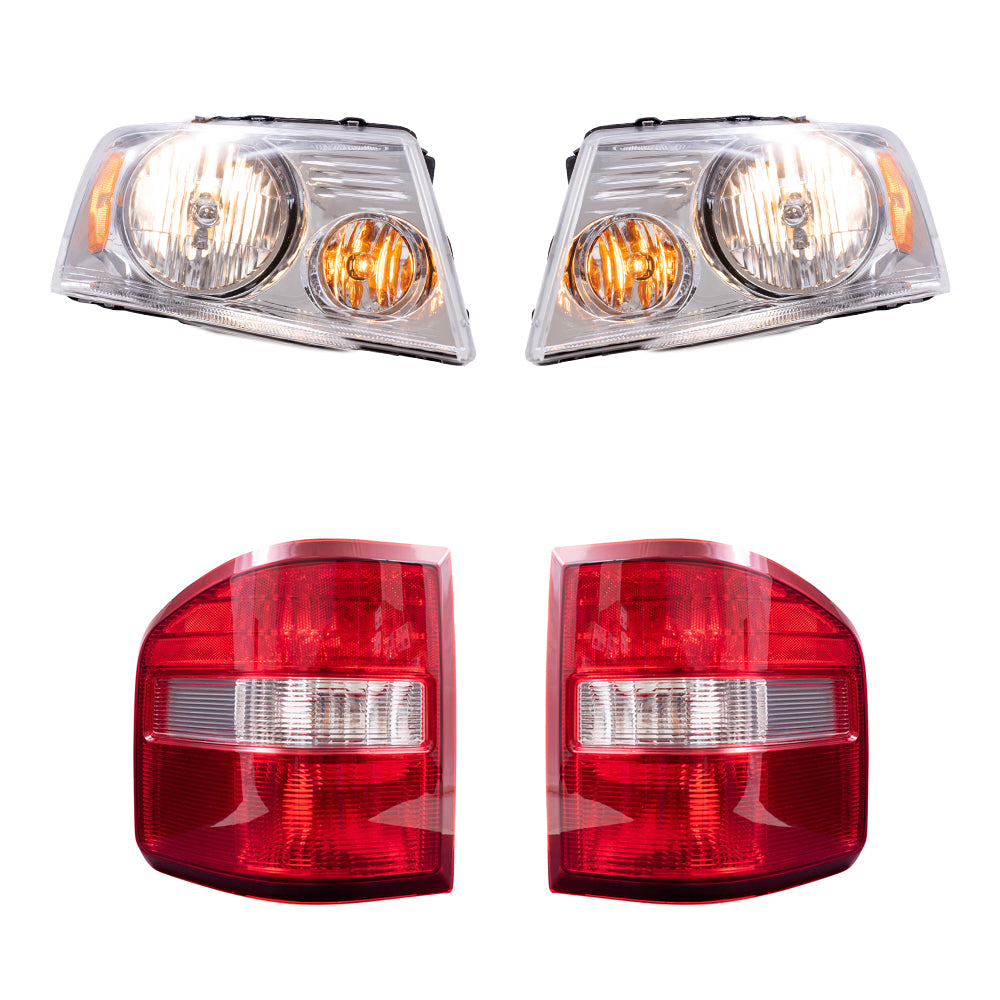 Brock Aftermarket Replacement Driver Left Passenger Right Halogen Combination Headlight Assemblies with Chrome Bezel and Flareside Tail Lights 4 Piece Set Compatible with 2004-2008 Ford F-150