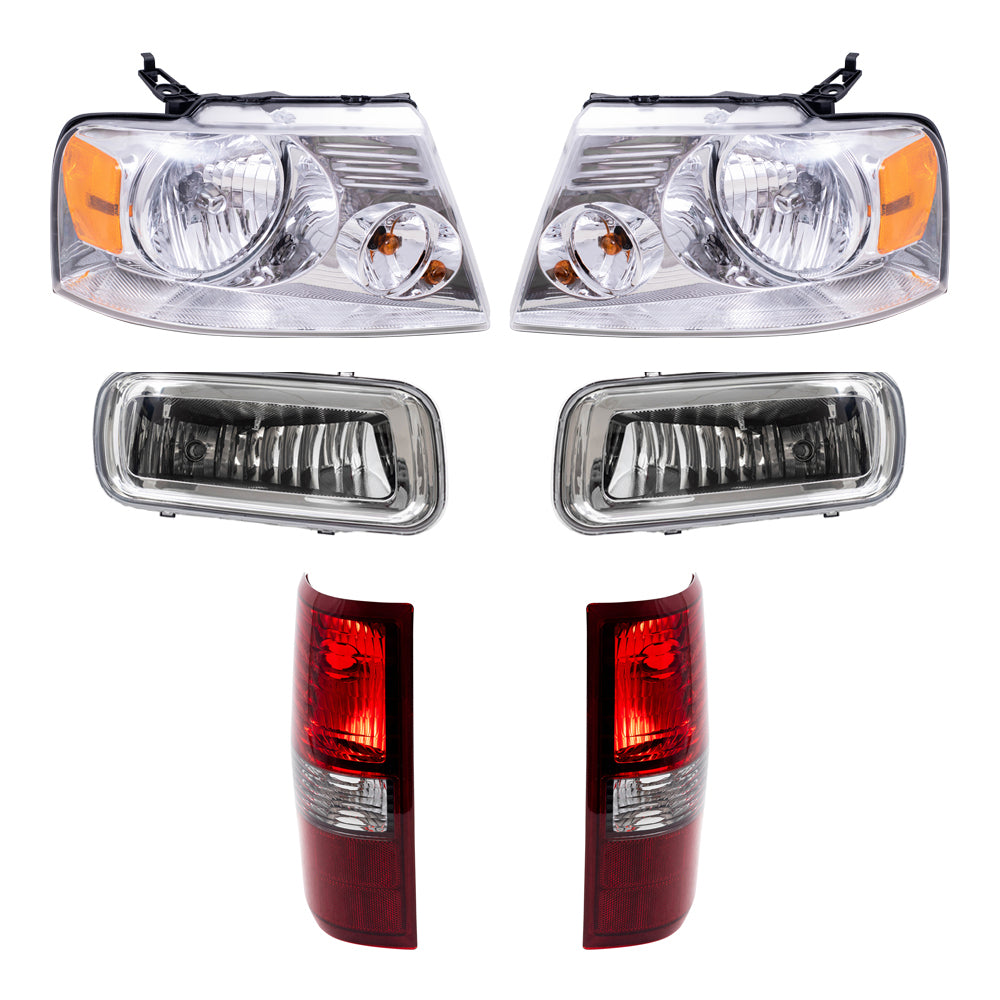 Brock Aftermarket Replacement Driver Left Passenger Right Halogen Combination Headlights-Rectangular Fog Lights-Styleside Tail Lights 6 Piece Set Compatible with 2006 Ford F-150