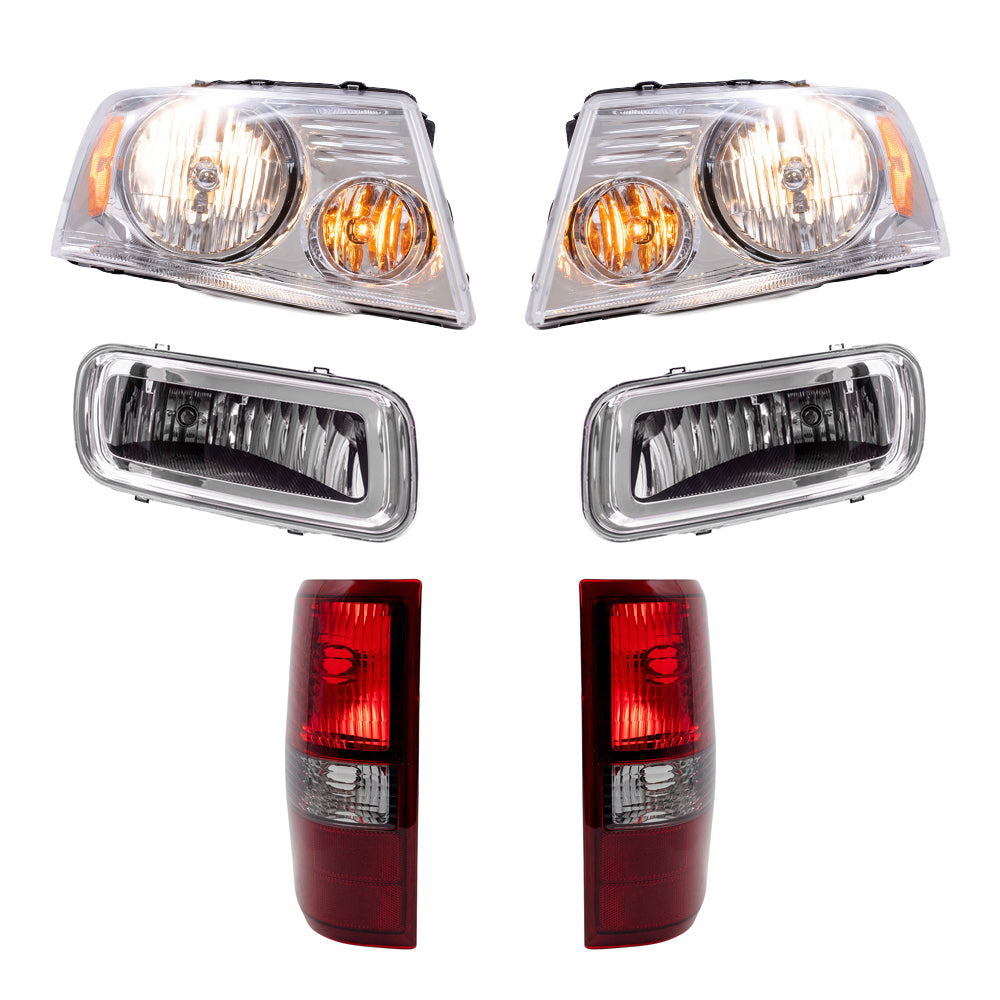 Brock Aftermarket Replacement Driver Left Passenger Right Halogen Combination Headlights-Rectangular Fog Lights-Styleside Tail Lights 6 Piece Set Compatible with 2006 Ford F-150