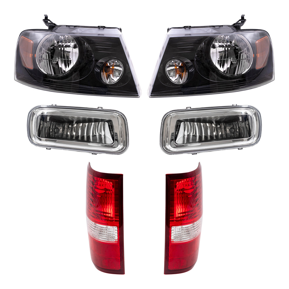 Brock Aftermarket Replacement Driver Left Passenger Right Halogen Combination Headlights-Round Fog Lights-Styleside Tail Lights 6 Piece Set Compatible with 2004-2006 Ford F-150