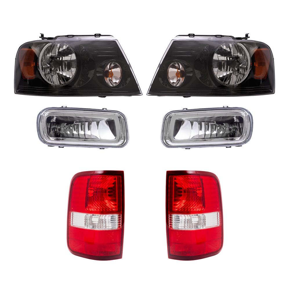 Brock Aftermarket Replacement Driver Left Passenger Right Halogen Combination Headlights-Round Fog Lights-Styleside Tail Lights 6 Piece Set Compatible with 2004-2006 Ford F-150