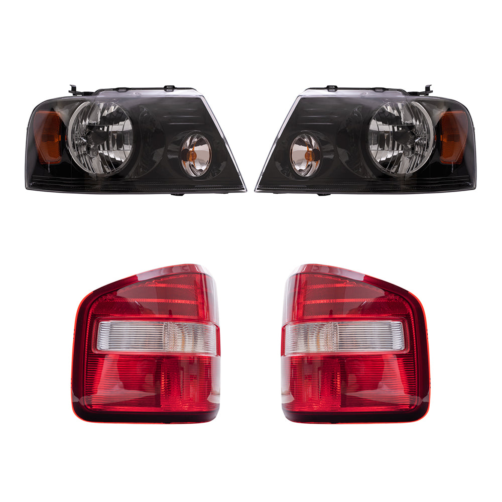 Brock Aftermarket Replacement Driver Left Passenger Right Halogen Combination Headlight Assemblies and Flareside Tail Lights 4 Piece Set Compatible with 2004-2008 F-150