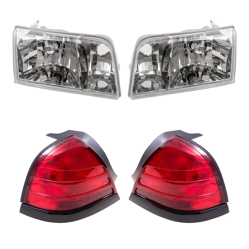 Brock Aftermarket Replacement Driver Left Passenger Right Halogen Headlights and Tail Lights with Red Lens-Black-Trim-2 Bulbs 4 Piece Set Compatible with 1999-2011 Ford Crown Victoria