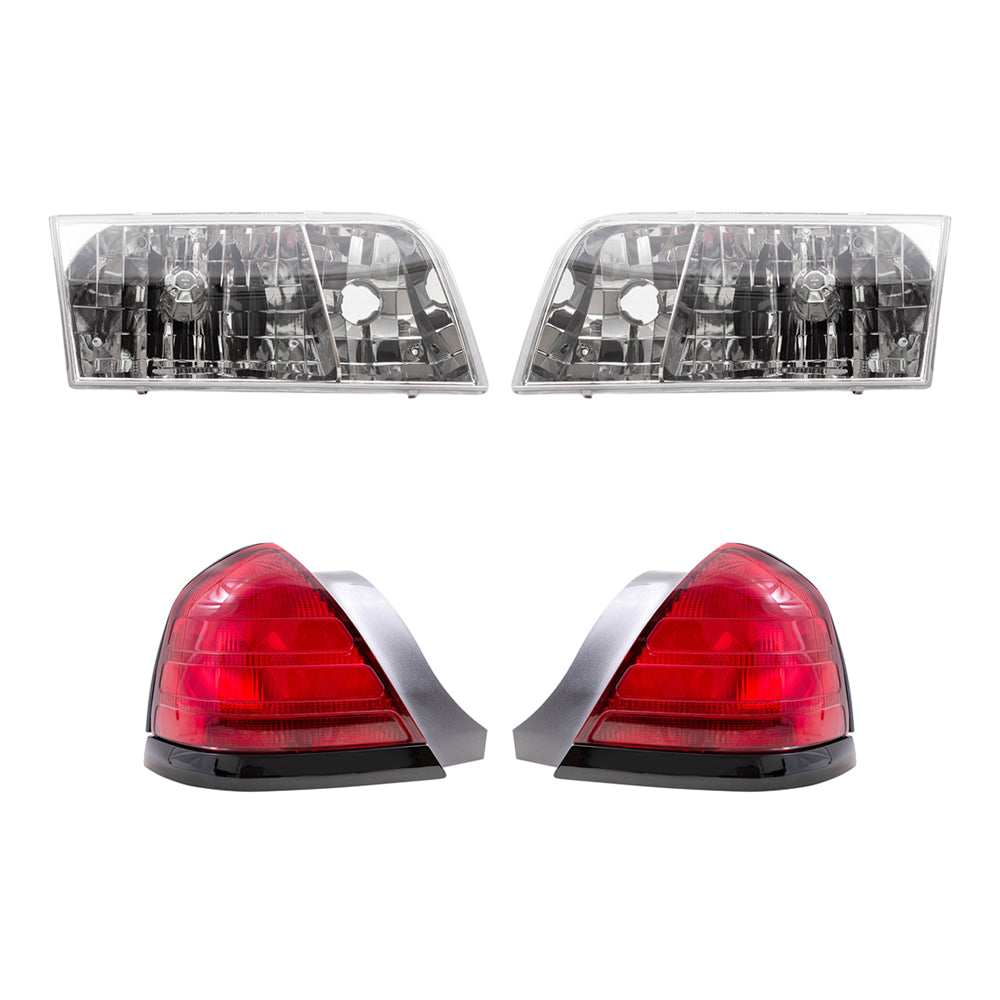 Brock Aftermarket Replacement Driver Left Passenger Right Halogen Headlights and Tail Lights with Red Lens-Black-Trim-2 Bulbs 4 Piece Set Compatible with 1999-2011 Ford Crown Victoria