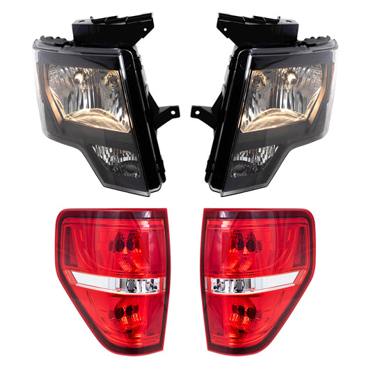 Brock Replacement Driver & Passenger Side Halogen Combination Headlights with Black Trim & Tail Lights with Red Trim-Smoked 4 Pc Performance Set Compatible with 09-14 Ford F-150 Styleside