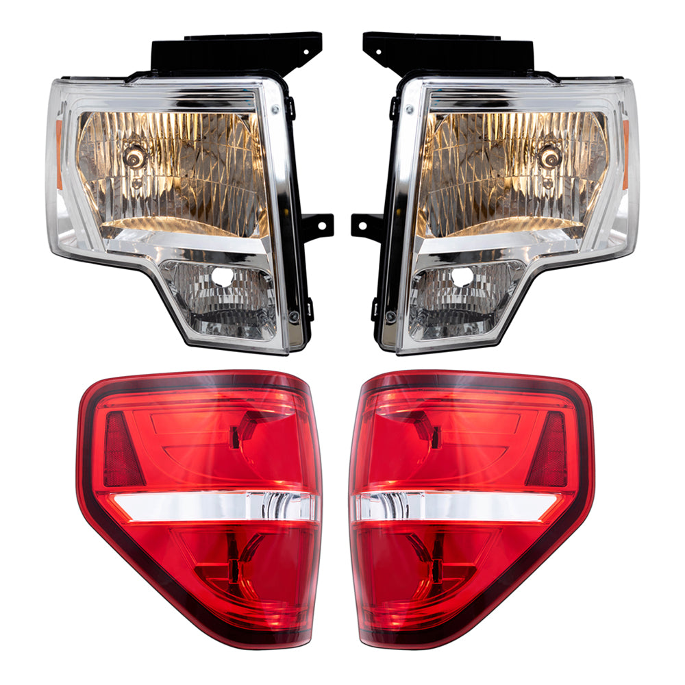 Brock Replacement Driver & Passenger Side Halogen Combination Headlights with Chrome Trim & Tail Lights with Red Trim-Smoked 4 Pc Performance Set Compatible with 09-14 Ford F-150 Styleside