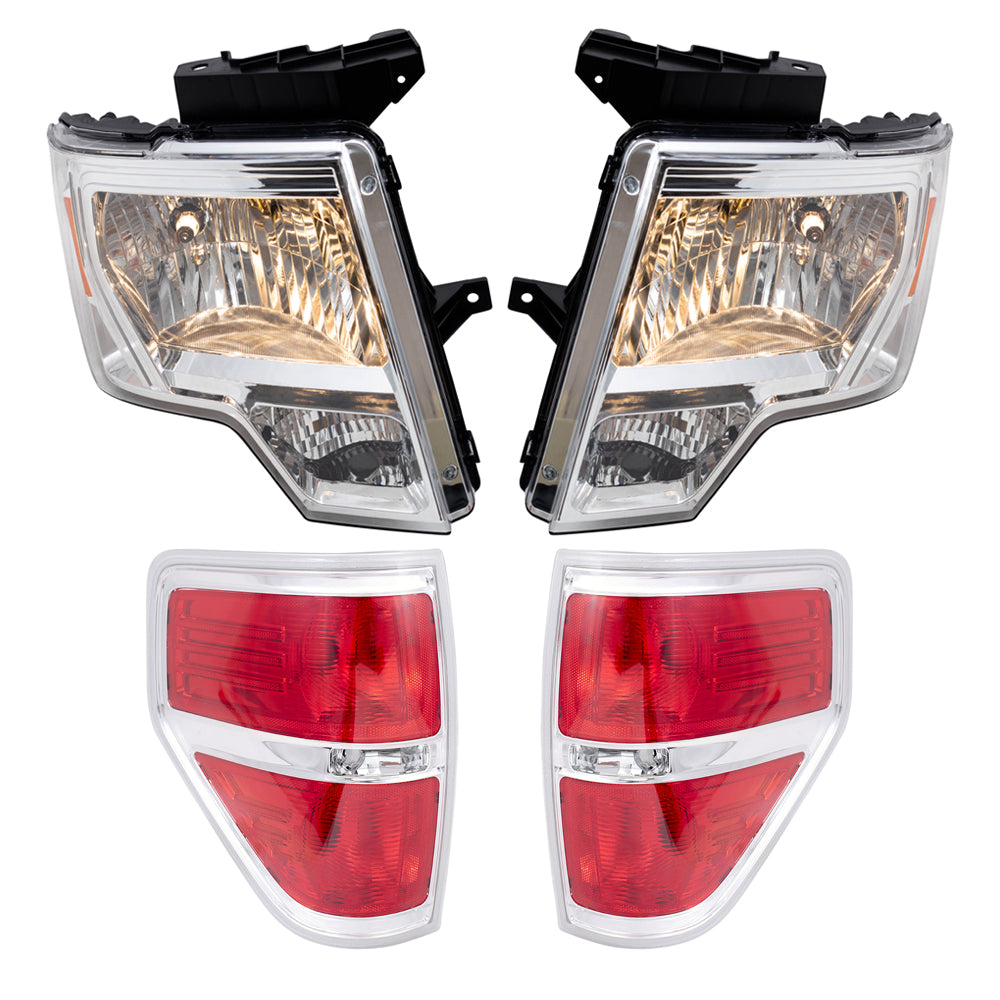 Brock Aftermarket Replacement Part Driver & Passenger Side Halogen Combination Headlights with Chrome Trim & Tail Lights with Chrome Trim Performance Set Compatible with 2009-2014 Ford F-150 Styleside