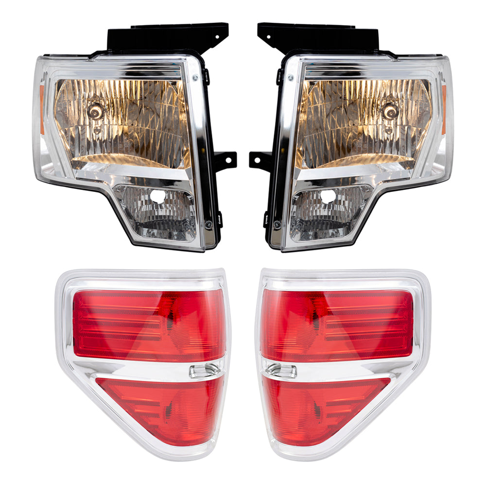 Brock Aftermarket Replacement Part Driver & Passenger Side Halogen Combination Headlights with Chrome Trim & Tail Lights with Chrome Trim Performance Set Compatible with 2009-2014 Ford F-150 Styleside