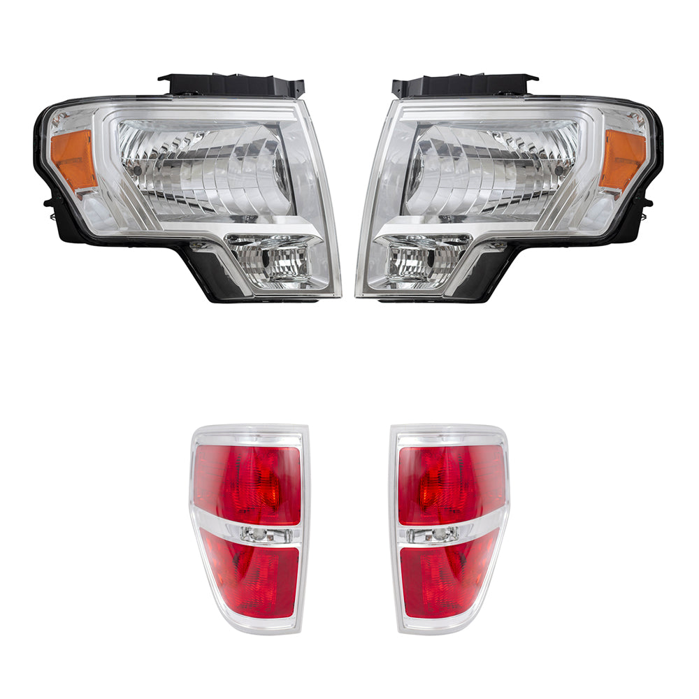 Brock Aftermarket Replacement Part Driver & Passenger Side Halogen Combination Headlights with Chrome Trim & Tail Lights with Chrome Trim Performance Set Compatible with 2009-2014 Ford F-150 Styleside
