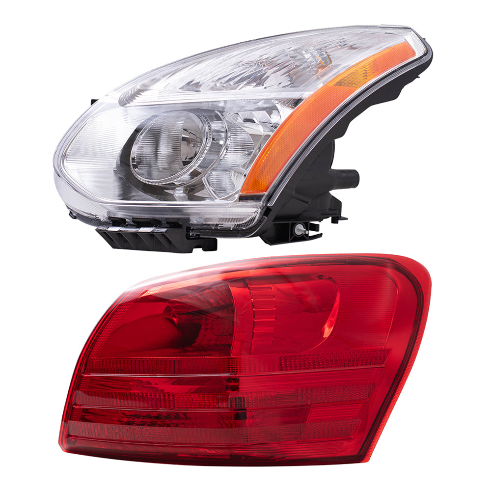 Brock Replacement Driver and Passenger Side Halogen Combination Headlights with Chrome Bezel and Tail Light Assemblies Quarter Mounted 4 Piece Set Compatible with 2011-2013 Rogue