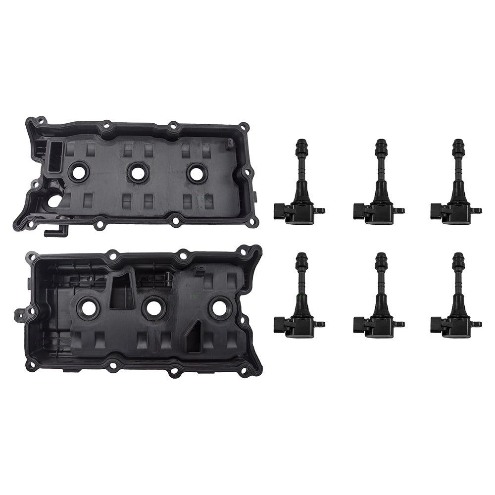 Brock Replacement 8 Pc Front Valve Covers w/ 6 Ignition Coils Compatible with 02-08 I35 Altima Maxima Murano Quest