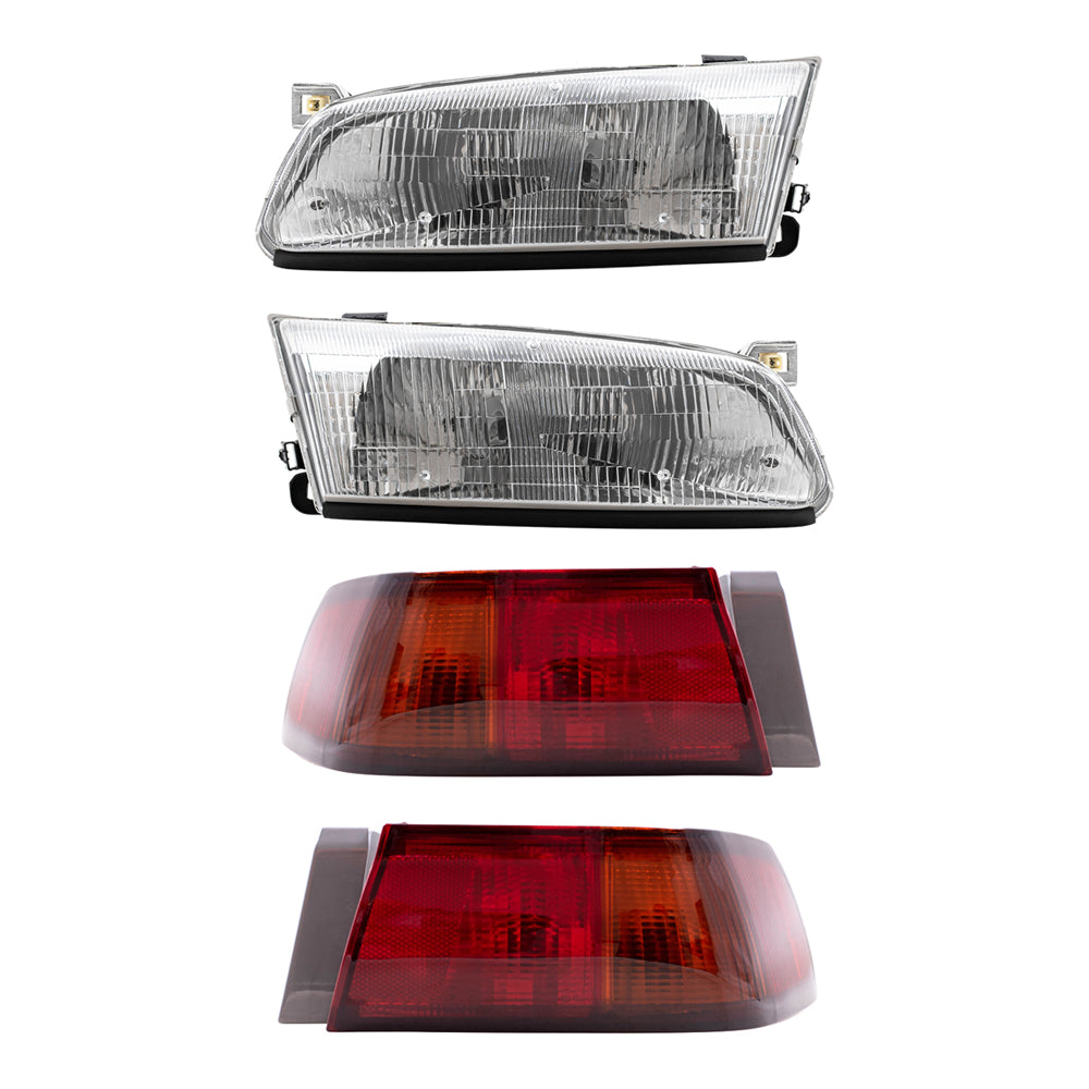 Brock Replacement Driver and Passenger Side Halogen Headlights and Quarter Mounted Tail Lights 4 Piece Set Compatible with 1997-1999 Camry