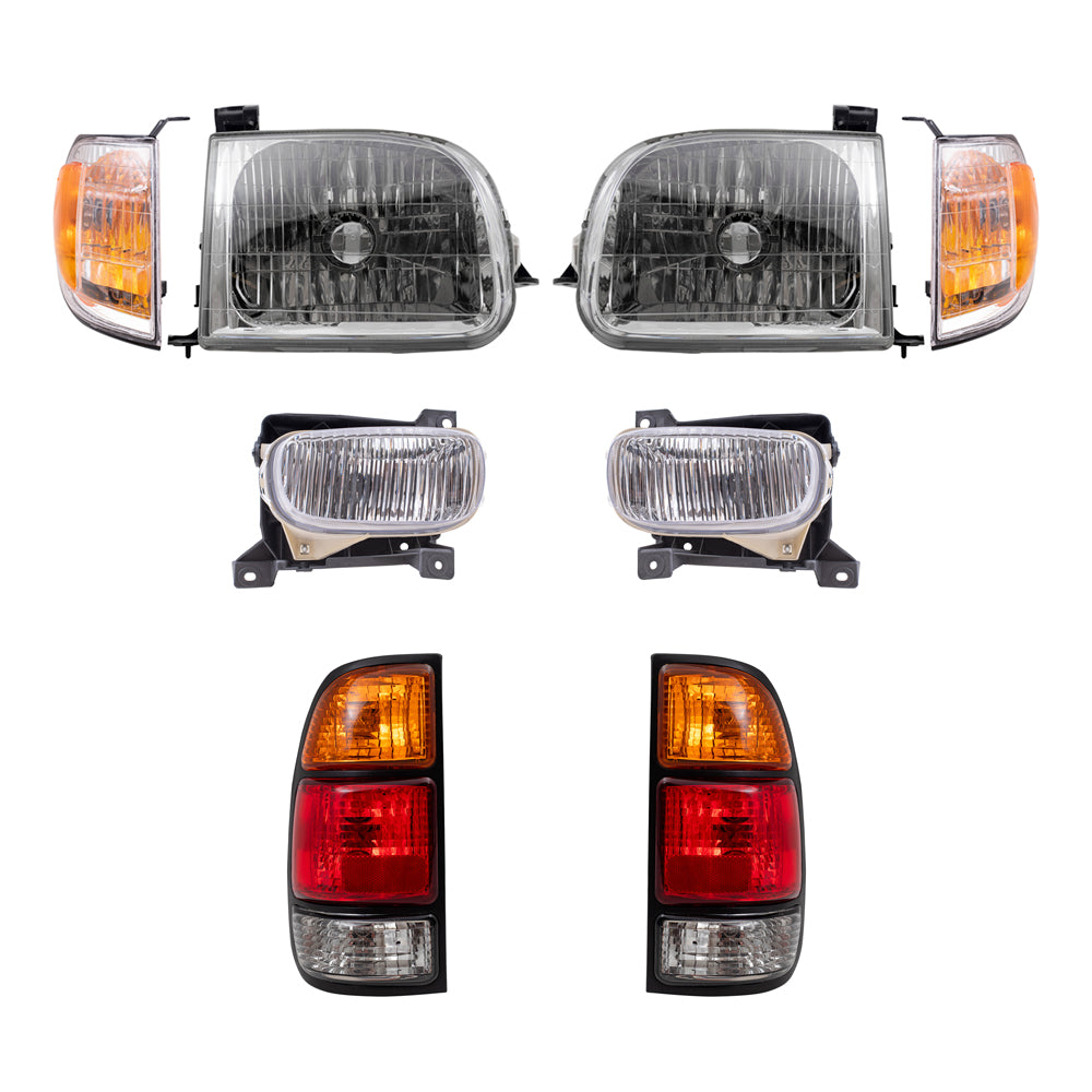 Brock Replacement Driver and Passenger Side Headlights, Signal Marker Lights, Fog Lights and Tail Lights 8 Piece Set Compatible with 2000-2004 Tundra Regular/Access Cab with Standard Bed