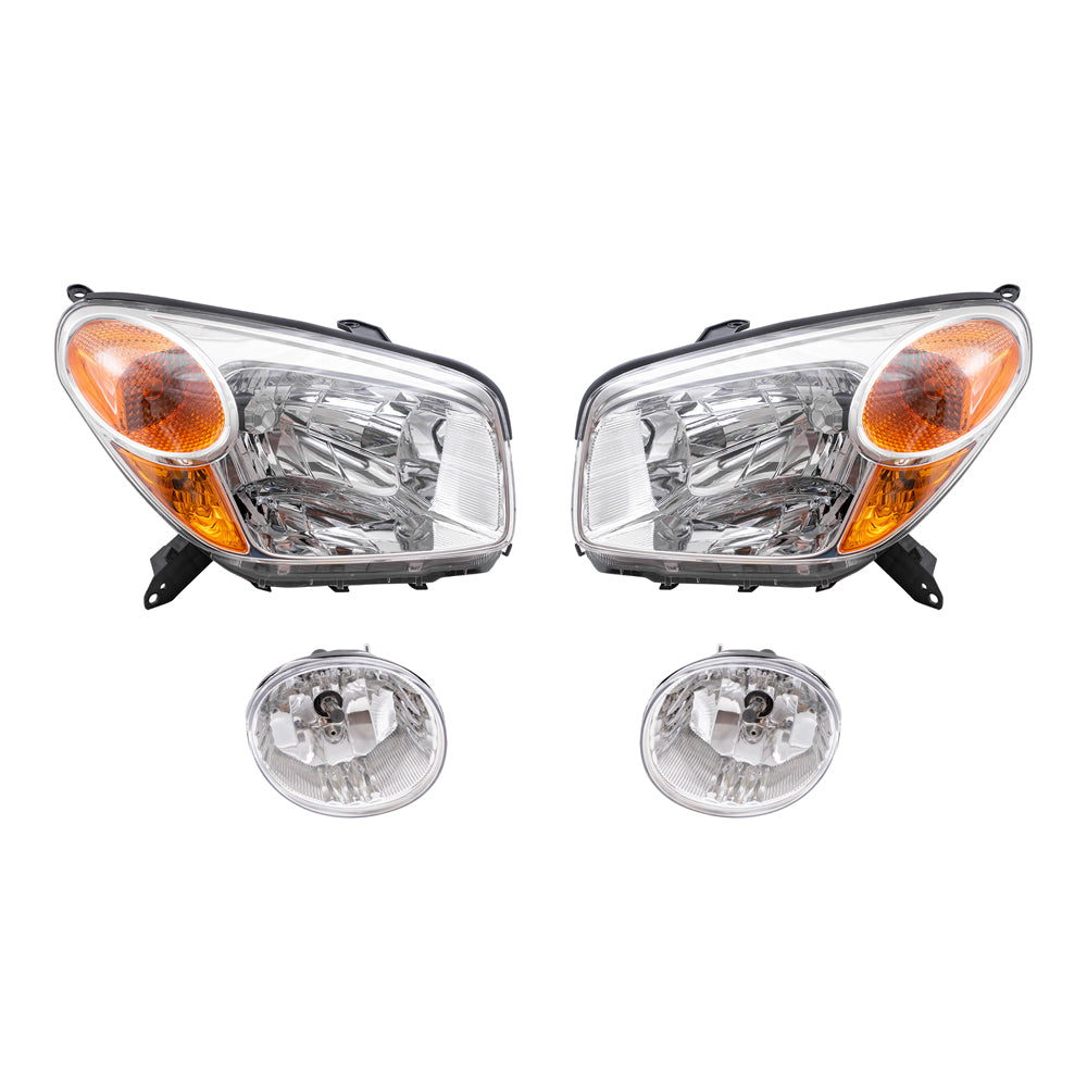 Brock Replacement Driver and Passenger Side Halogen Combination Headlight Units and Fog Light Units 4 Piece Set Comaptible with 2004-2005 Rav4
