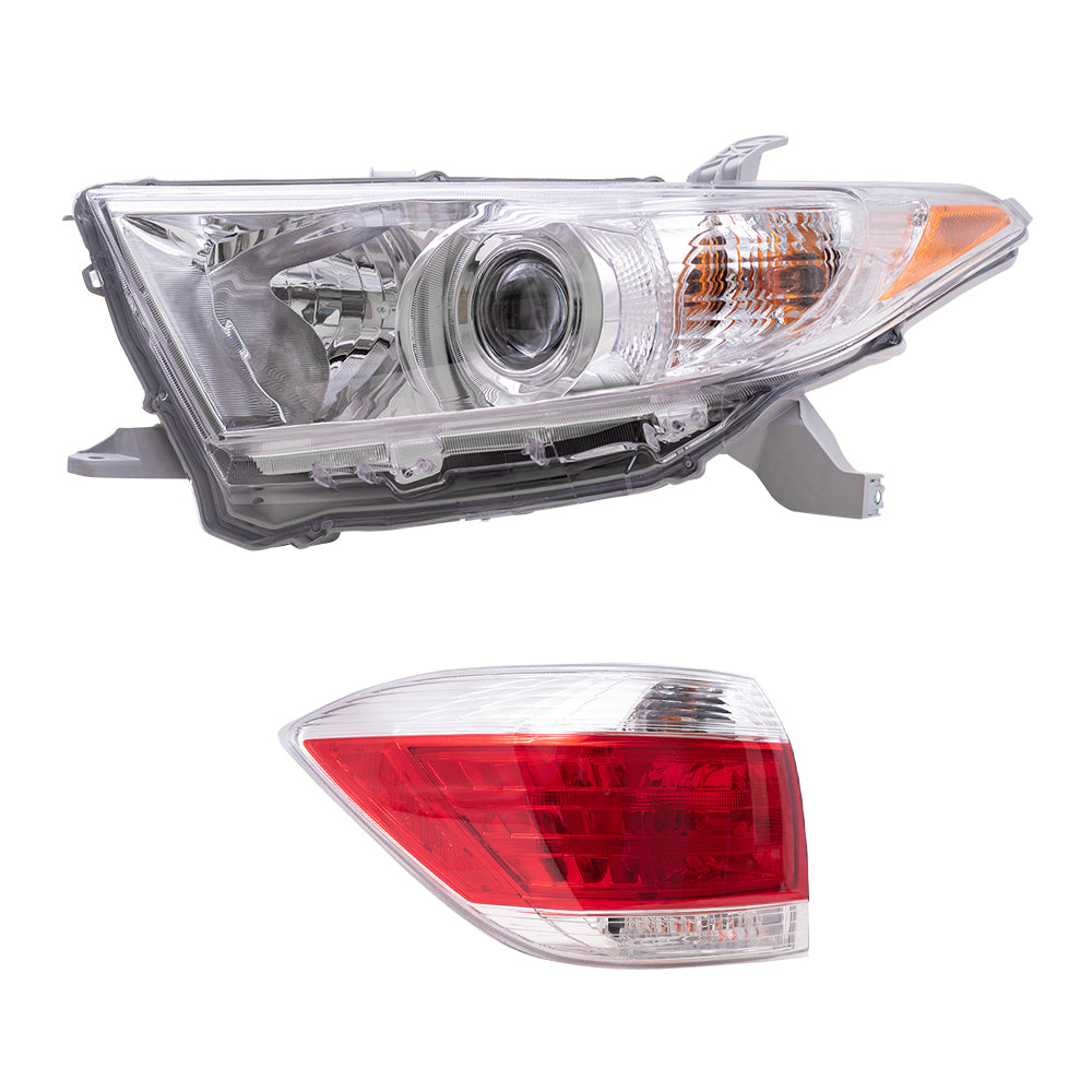 Brock Replacement Driver and Passenger Side Halogen Combination Headlight Assemblies and Fog Light Units 4 Piece Set Compatible with 2011-2013 Highlander