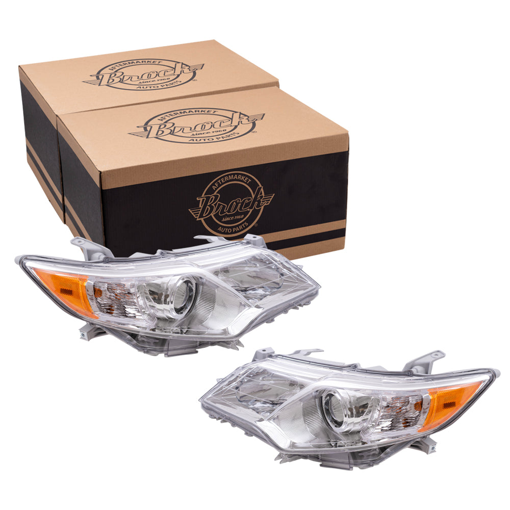 Brock Replacement Driver and Passenger Halogen Headlights Headlamps with Chrome Bezels Compatible with 12-14 Camry 8115006470 8111006470