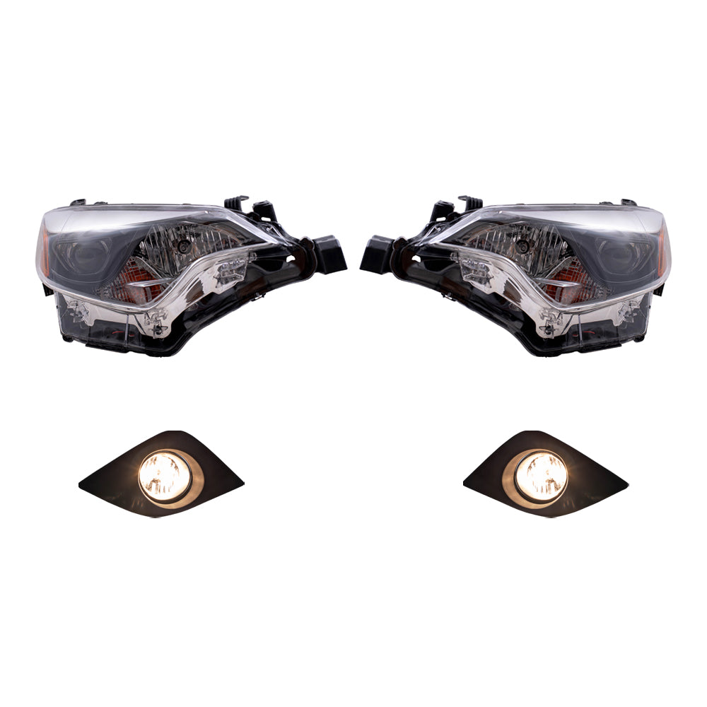 Brock Replacement Driver and Passenger Side Combination Headlight Assemblies and Fog Lights with Clear Lens, Bulb, Bezels, Wiring and Switch 4 Piece Set Compatible with 2014-2016 Corolla
