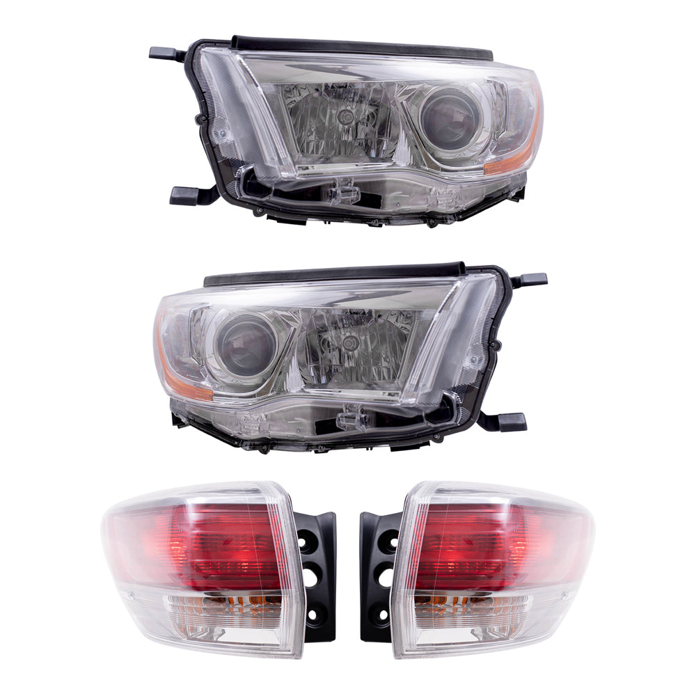 Brock Replacement Driver and Passenger Side Headlight W/O Smoked Chrome Accent and Quarter Mounted Tail Light Assembly 4 Piece Set Compatible with 2014-2016 Highlander/Highlander Hybrid
