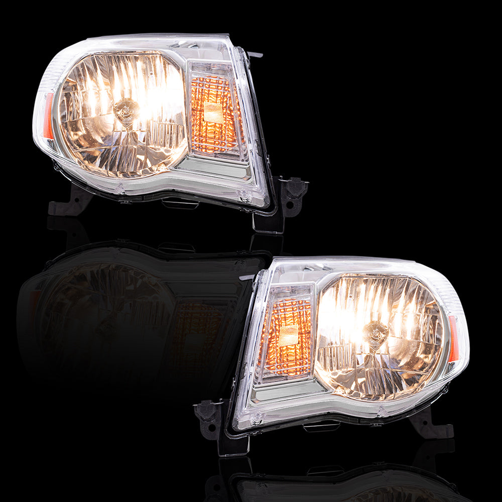 Brock Replacement Driver and Passenger Side Halogen Combination Headlight Assemblies with Bright Chrome Bezel Compatible with 2005-2011 Toyota Tacoma