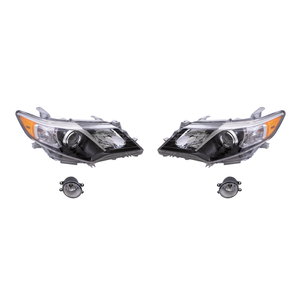 Brock Replacement Driver and Passenger Side Halogen Combination Headlights with Black Bezel and Fog Lights 4 Piece Set Compatible with 2012-2014 Camry SE/SE Sport