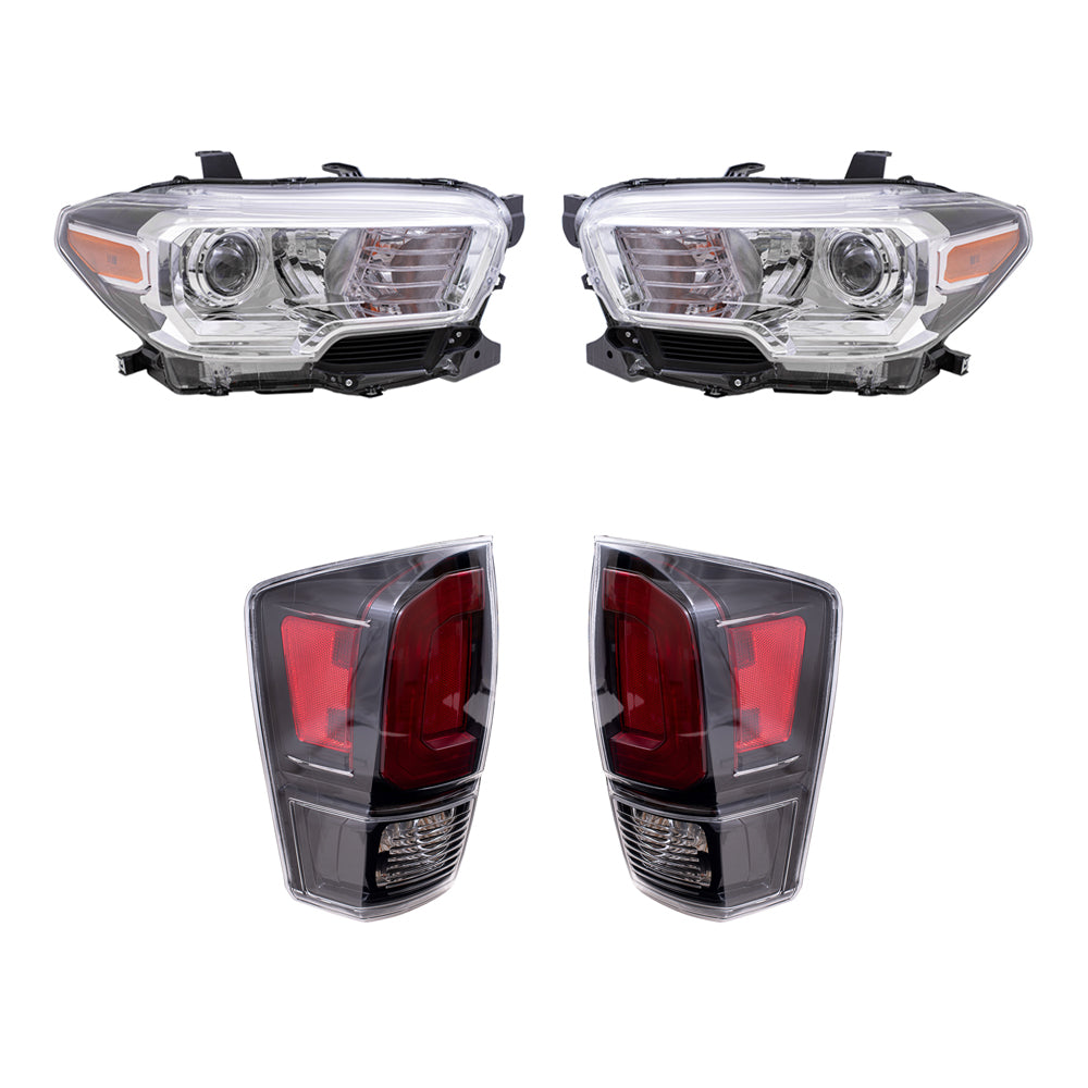 Brock Replacement Driver and Passenger Side Headlights with Fog Lights without LED Daytime Running Lights and Tail Lights with Black Bezel 4 Piece Set Compatible with 2020 Tacoma