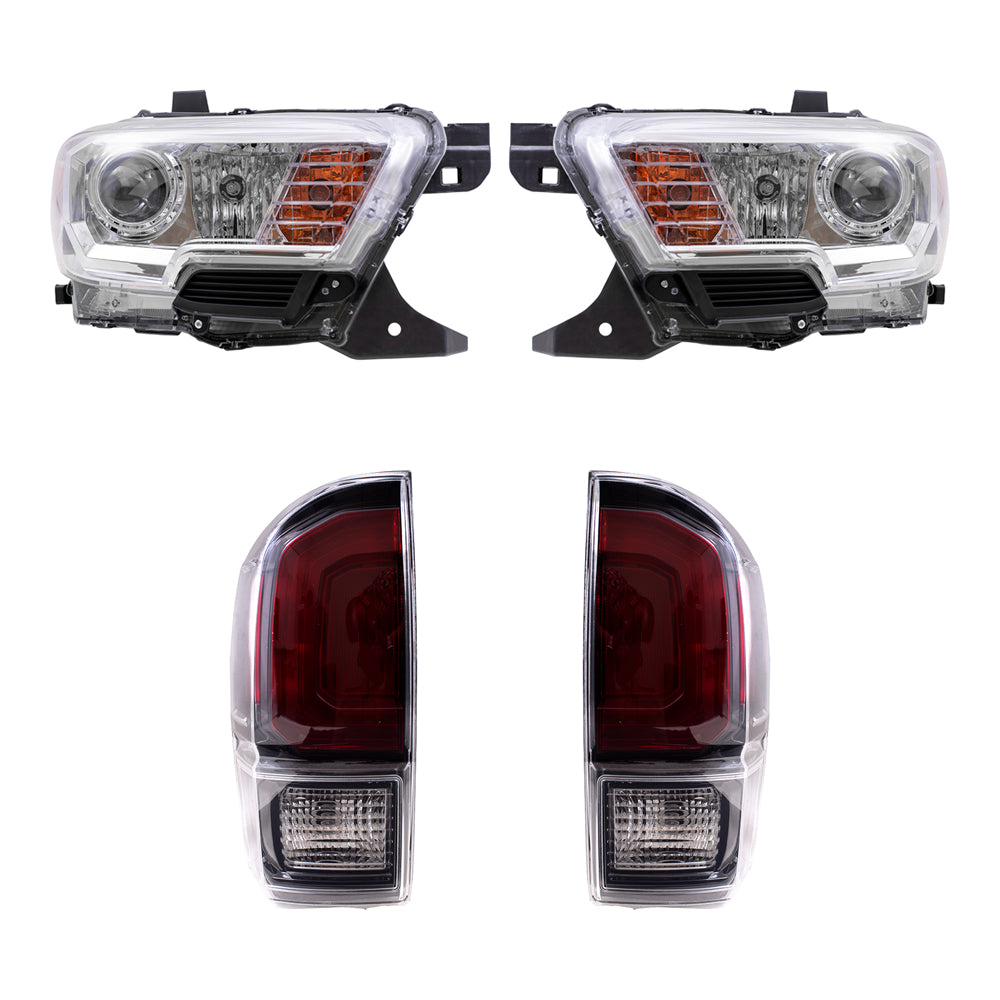 Brock Replacement Driver and Passenger Side Headlights with Fog Lights without LED Daytime Running Lights and Tail Lights with Black Bezel 4 Piece Set Compatible with 2020 Tacoma