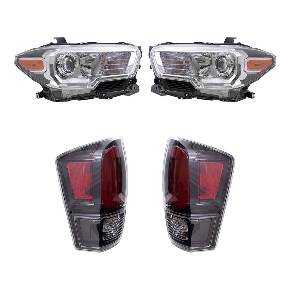 Brock Replacement Driver and Passenger Side Headlights with Fog Lights without LED Daytime Running Lights and Tail Lights with Black Bezel 4 Piece Set Compatible with 2020 Tacoma