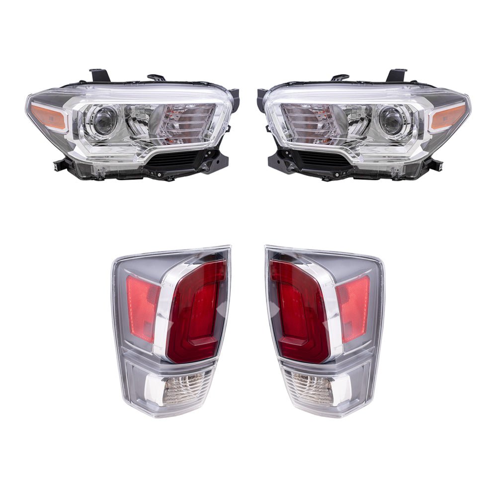 Brock Replacement Driver and Passenger Side Headlights with Fog Lights and Tail Lights without Black Bezel 4 Piece Set Compatible with 2020 Tacoma TRD Sport/TRD Off-Road