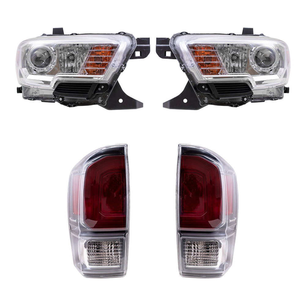 Brock Replacement Driver and Passenger Side Headlights with Fog Lights and Tail Lights without Black Bezel 4 Piece Set Compatible with 2020 Tacoma TRD Sport/TRD Off-Road