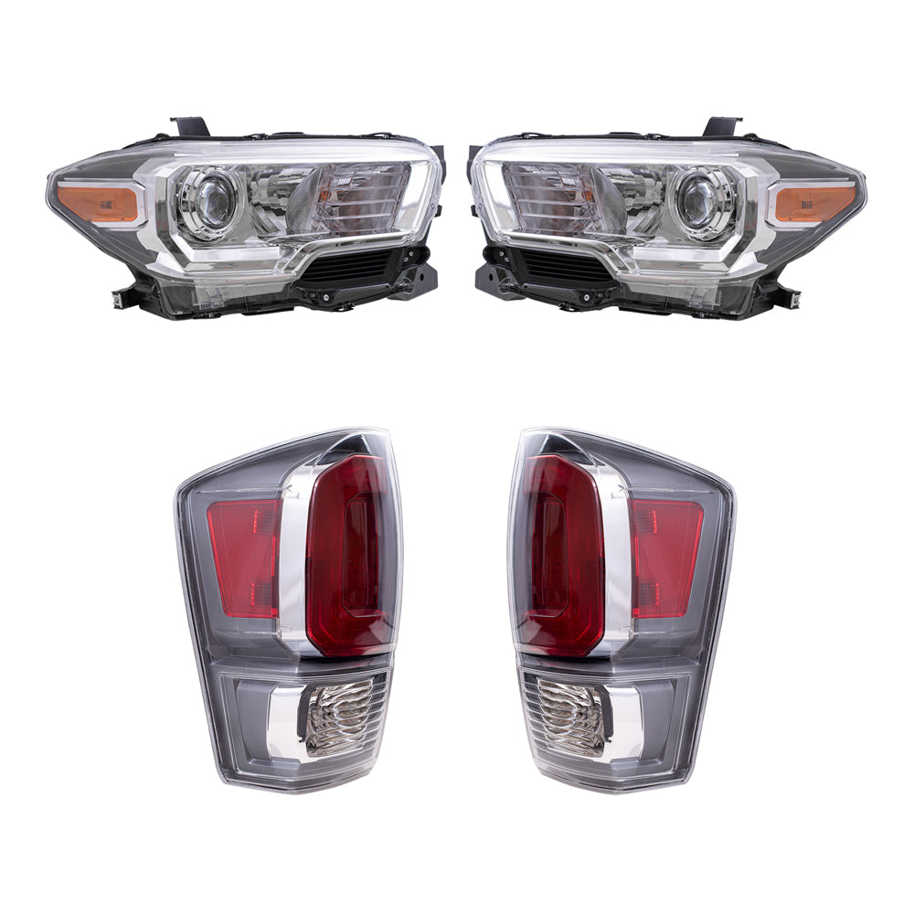 Brock Replacement Driver and Passenger Side Headlights with Fog Lights and Tail Lights without Black Bezel 4 Piece Set Compatible with 2020 Tacoma TRD Sport/TRD Off-Road