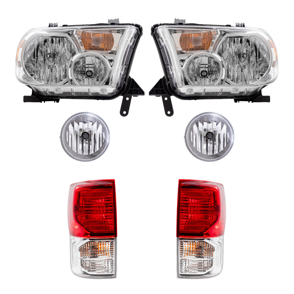Brock Replacement Driver and Passenger Side Headlights without Level Adjuster, Fog Lights and Tail Lights 6 Piece Set Compatible with 2010-2013 Tundra